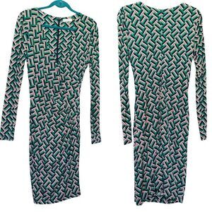 Calvin Klein Green Geometric Print Long Sleeve Stretch Jersey V Neck Dress Sz. 6